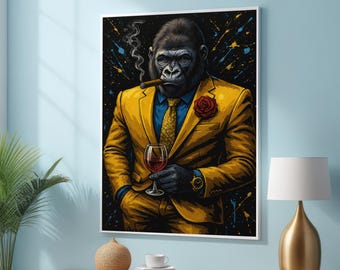 Gorilla in Yellow Suit Canvas Art Print – Pop Art Wall Decor - Urban Jungle Animal Portrait - Cigar & Wine Street Style Art for Modern Rooms
