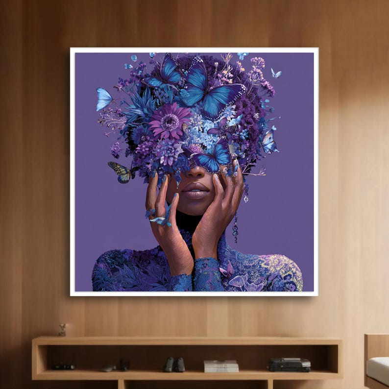 Purple Butterfly Woman Art – Surreal Floral Portrait Canvas - Elegant ...