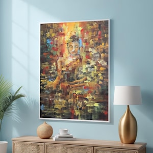 Abstract Buddha Meditation Canvas - Spiritual Art with Vibrant Colors and Lotus Flowers - Modern Zen Wall Decor - Dynamic Brushstrokes Art