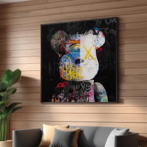 Abstract Graffiti Teddy Bear Canvas Art – Urban Street Art-Inspired Wall Decor – Bold and Edgy Modern Pop Art for Living Room or Office