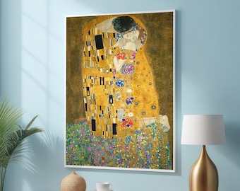 The Kiss by Gustav Klimt-Inspired Art – Iconic Art Nouveau Canvas with Gold Leaf – Romantic and Luxurious Wall Art for Elegant Home Decor -