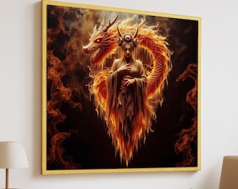 Lienzo de Diosa de la Llama con Dragón - Impresión de Mujer Espíritu de Fuego Místico - Decoración de pared de fantasía oscura para interiores espirituales y audaces