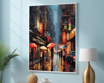 Quadro su tela "Notte piovosa in città" - Sfilata di ombrelli colorati in una vivace scena urbana - Decorazione murale impressionista - Paesaggio urbano - Pronto per essere appeso