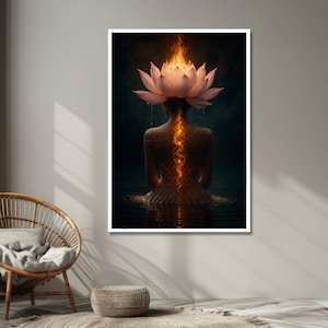 Pode incluir: Impress&atilde;o de arte digital que apresenta uma pessoa sentada na &aacute;gua, com uma flor de l&oacute;tus no lugar da cabe&ccedil;a. As chamas emanam da flor, e uma trilha de energia brilhante percorre as costas. A obra de arte tem um tema sombrio e m&iacute;stico.