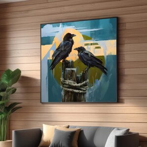 Realistic Raven Canvas Print – Atmospheric Abstract Art with Sunset Background – Modern Nature Wall Art for Living Room, Office, or Study