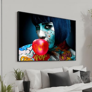 Pop Art Girl con Bubble Gum Canvas Art – Arte murale in stile fumetto vibrante con colori audaci e grafica dinamica – Decorazione moderna della cultura pop