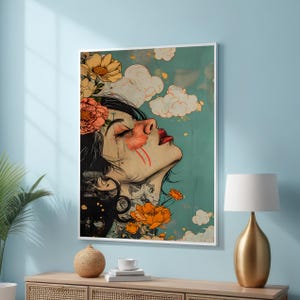 Surreal Floral Dream Portrait - Elegant Woman with Flowers and Clouds - Modern Wall Art for Tranquil Home Decor - Vibrant and Serene Canvas