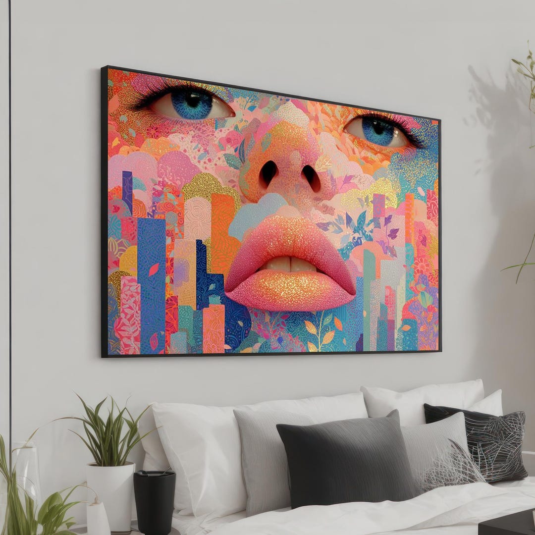 Abstract Surreal Woman Portrait – Colorful Lips and Eyes Wall Art ...