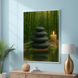 Zen Stones Spa Canvas Art Print – Minimalist Bamboo Candle Art for Meditation Room - Tranquil Zen Decor - Calming Canvas for Wellness Space