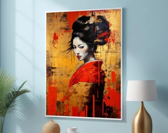 Quadro su tela con elegante geisha in kimono rosso - Audace ritratto giapponese con arte astratta oro e rossa - Stampa artistica che fonde tradizione e modernità