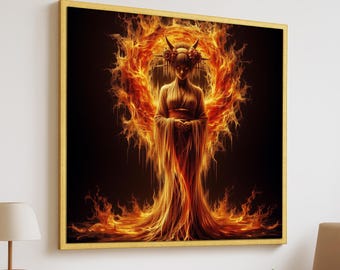 Arte mural de la diosa mítica del fuego – Impresión en lienzo de una mujer en llamas de fantasía oscura – Arte surrealista de una sacerdotisa con cuernos – Decoración gótica ocultista con aura de fuego
