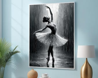 Ballerina in the Rain Canvas – Elegant Monochrome Dance Wall Art - Ballet Dancer Print - Graceful Black and White Rainy Scene Home Decor