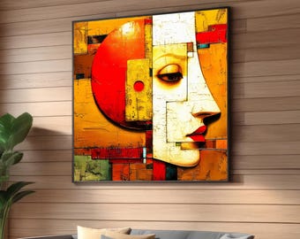 Abstrakter Leinwanddruck Sonne und Mond - Geometrische moderne Kunst - Kubistisch inspiriertes Wanddekor - Lebendige Dualität von Farbe und Form
