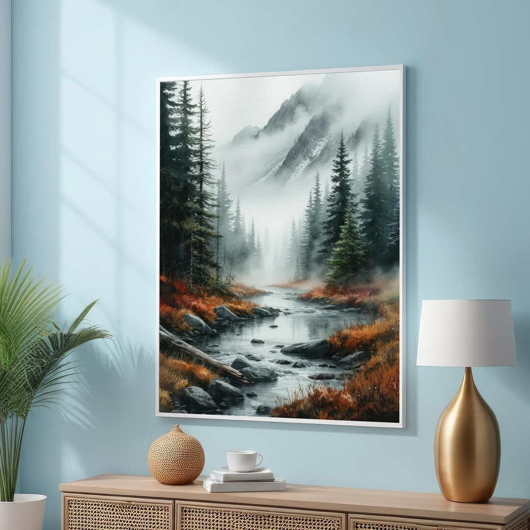 Misty Forest River Art Print – Tranquil Mountain Landscape Wall Art ...