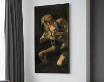 May include: A framed painting depicting a grotesque figure devouring another. The artwork features a dark, muted color palette with a focus on the central figures. The style is reminiscent of classical art, with a disturbing and unsettling theme.