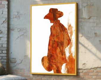 Silueta minimalista de vaquero - Lámina decorativa estilo western - Decoración rústica de vaquero naranja - Lienzo moderno estilo western para el hogar - Arte de pared de vaquero