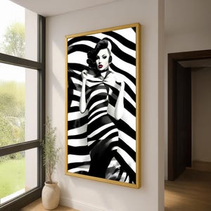 Black and White Striped Fashion Canvas – Glamorous Woman Pop Art - Optical Illusion Wall Decor - Bold Modern Monochrome Art - Feminine Art