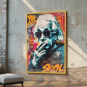 Peut inclure: Une affiche encadrée de style pop art représentant Albert Einstein portant des lunettes de soleil et fumant. L'œuvre a un fond de style graffiti avec des couleurs vives et le mot "SKOL". Le cadre est doré.