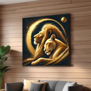 Goldener Löwe Wandbild - Himmlischer Löwe und Löwin Leinwanddruck - Kosmisches Tierliebhaber Kunstwerk - Sternzeichen Löwe - fertig zum Aufhängen