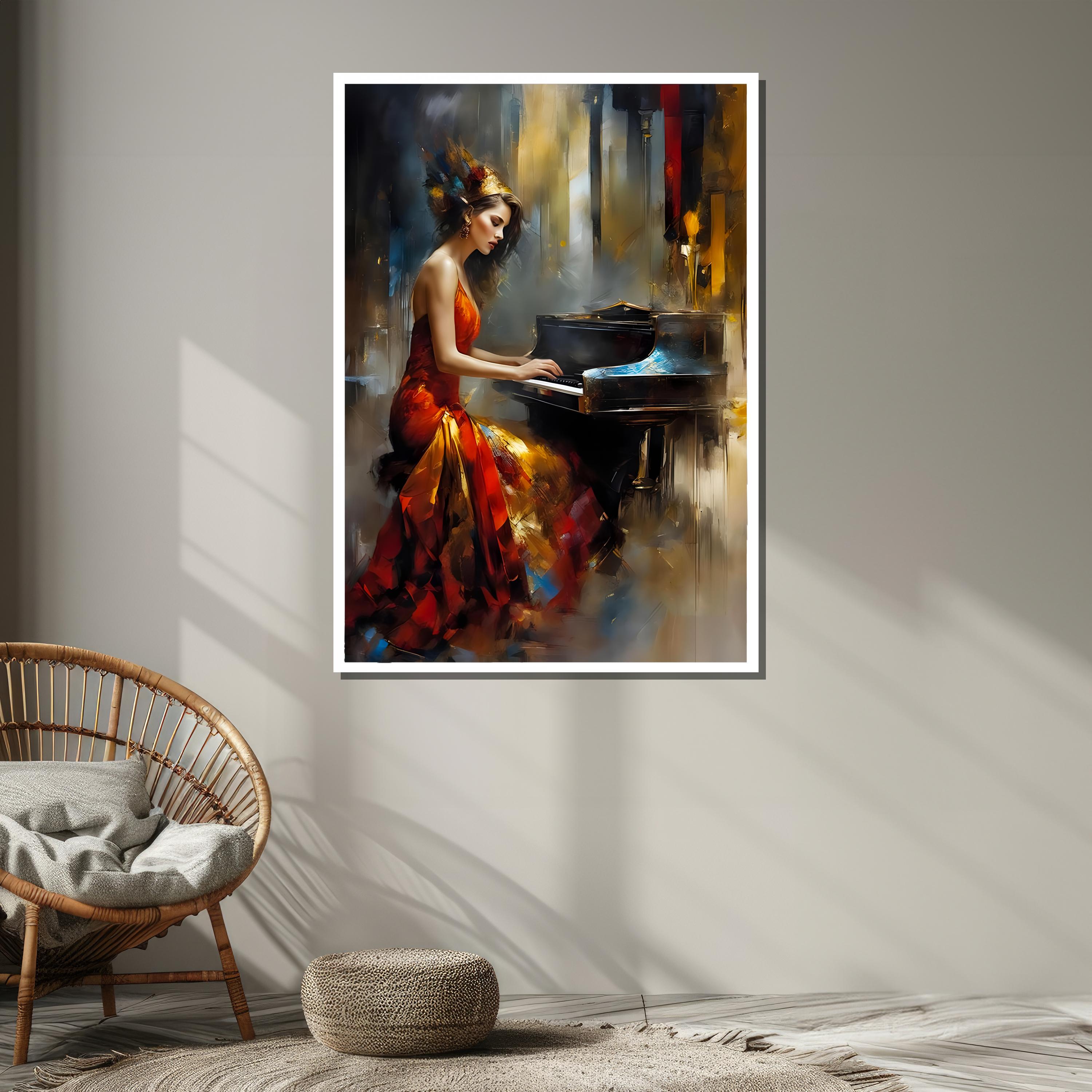 lady in red dress playing piano painting Elegant Player Art - Musician Canvas Art - Passionate Impressionist Woman at Piano antique painting of woman playing piano