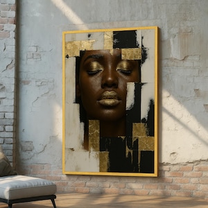 Luxury Gold Portrait Wall Art – Abstract Modern Canvas of Woman with Metallic Makeup – Bold Black & Gold Beauty for Glam Interior Art Print