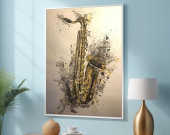 Saxophone Canvas Art - Music-Inspired Abstract Painting - Yellow & Gray Jazz Instrument Canvas - Modern Wall Art Decor - Gift for Musicians