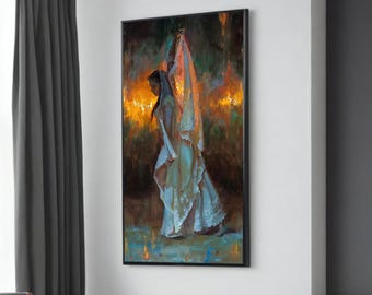 Elegant Woman in Flowing Gown Art - Ethereal Impressionist Art with Glowing Firelight - Mystical and Serene Wall Decor for Modern Interiors