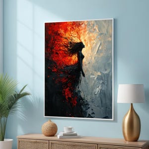 Fiery Woman Abstract Canvas Art – Powerful Female Silhouette Printing - Red and Black Modern Wall Decor - Expressionist Flame and Woman Art