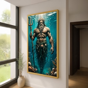 Poseidon God of the Sea Canvas Wall Art – Mythological Underwater Fantasy - Trident Warrior Ocean King - Hyperrealistic Nautical Wall Decor