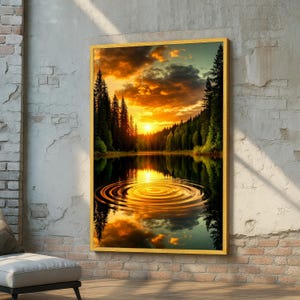 Golden Sunset Forest Lake Canvas – Nature Reflection Wall Art - Peaceful Landscape Print with Ripples - Serene Sea View Ready to Hang Art