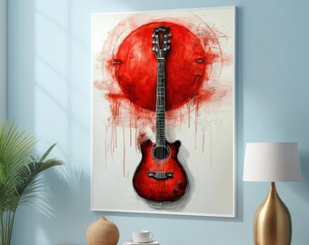 Rote E-Gitarre Wandkunst - Rockmusik Poster mit abstrakter Farbspritzung - Moderne Musiker-Dekoration für Studio & Zuhause