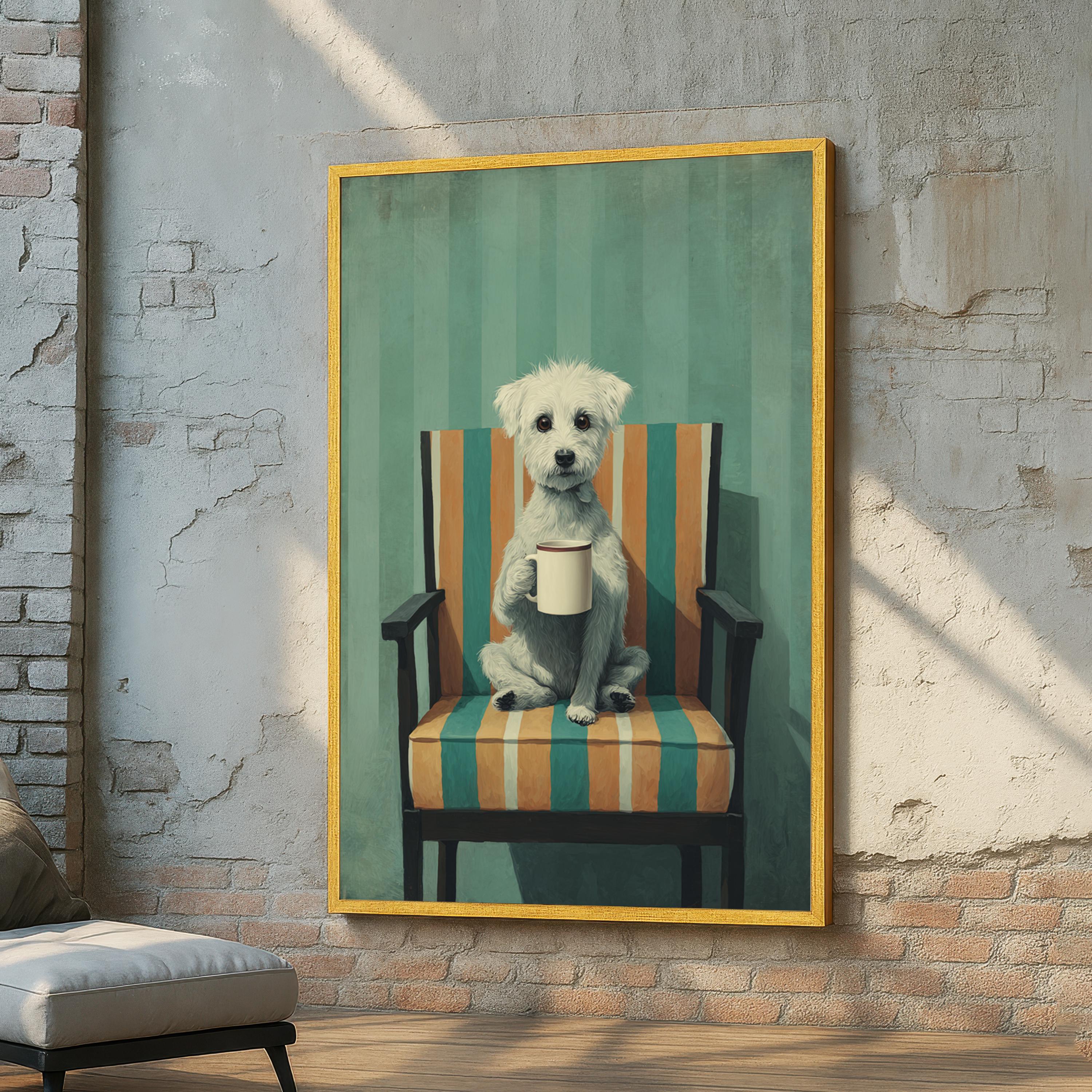 Cute Dog With Coffee Mug Canvas Wall Art - Funny Dog Painting Print - Whimsical Pet Illustration - Coffee Lover Decor - Dog Lover Gift