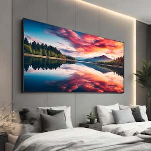 Vibrant Sunset Lake Canvas - Tranquil Mountain and Forest Reflection - Serene Nature Landscape Wall Art - Colorful Sky and Water Scene Art