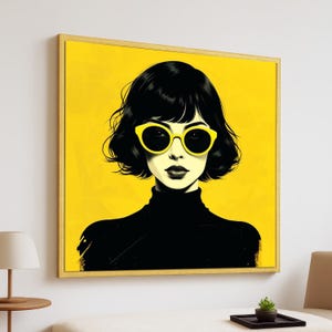 Lienzo con retrato de mujer en estilo pop art. Arte mural con gafas de sol amarillas llamativas. Ilustración de moda estética moderna en negro y amarillo. Impresión de arte callejero.