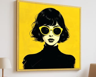 Pop Art Woman Portrait Canvas - Bold Yellow Sunglasses Wall Art - Modern Black and Yellow Aesthetic Fashion Illustration - Street Art Print