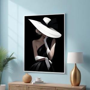 Elegant Woman in Black Dress with White Hat Canvas Print - Minimalist Fashion Wall Art - Chic Modern Decor - Glamorous Style for Any Room