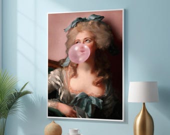 Barocke Bubblegum Prinzessin - Rokoko Inspiriertes Portrait mit Verspieltem Pop Art Twist - Elegante Wandkunst - Vintage Chic Leinwand - Kunst des 18.Jahrhunderts