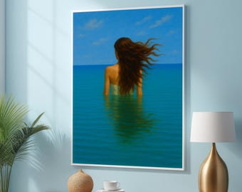 Impresión artística en lienzo de una mujer en el agua: un océano sereno con cabello suelto, decoración minimalista costera para cualquier habitación, lista para colgar.