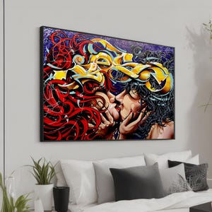 Graffiti Lovers Canvas Art Print – Passionate Kiss in Vibrant Urban Art Style – Bold and Colorful Romantic Street Art for Modern Wall Decor