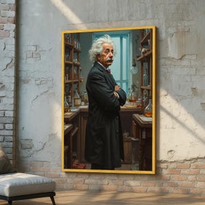 Lienzo decorativo de un científico vintage: retrato realista de laboratorio del icónico físico. Decoración de pared de Einstein. Impresión artística retro de laboratorio de química.