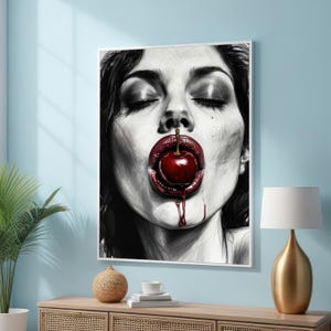 Sensual Woman Portrait with Cherry Art – Dark Pop Art Canvas Print - Modern Wall Art - Moody Red Lips Art Decor - Ready-to-Hang Print