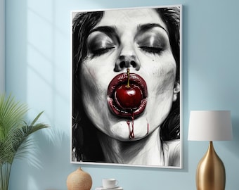 Retrato sensual de mujer con cerezas - Impresión en lienzo de pop art oscuro - Arte mural moderno - Decoración artística con labios rojos melancólicos - Impresión lista para colgar