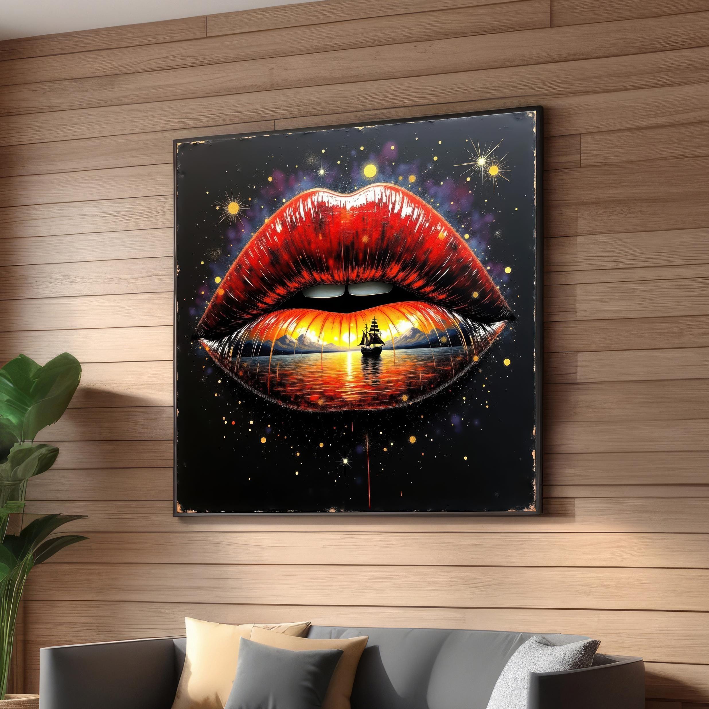 Surreal Lips Wall Art Print – Sunset Ocean Ship in Mouth Fantasy