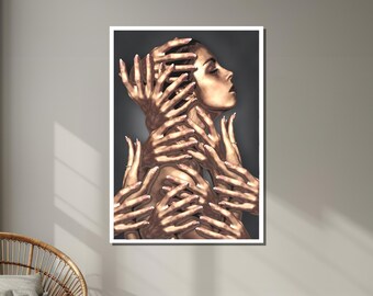 May include: A woman's face is partially obscured by a multitude of hands, all reaching towards her head. The hands are rendered in a metallic gold tone, creating a striking contrast against the dark background.