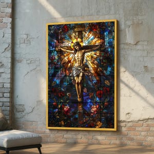 Jesus on the Cross Stained Glass Art - Christian Wall Decor - Crucifixion Canvas - Religious Home Decor - Faith and Redemption Biblical Art