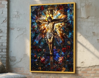 Vitral de Jesus na Cruz - Decoração Cristã de Parede - Tela da Crucificação - Decoração Religiosa para Casa - Arte Bíblica sobre Fé e Redenção