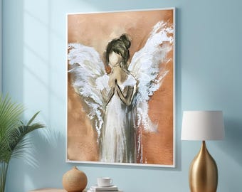 Guardian Angel Canvas Print - Soft Impressionist Angel Art - Ethereal Prayerful Figure - Calming Spiritual Wall Decor for Peaceful Spaces