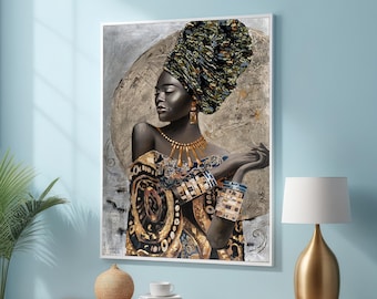 Regal African Woman in Gold and Blue | Elegant Portrait with Headwrap and Jewelry | Bold African-Inspired Canvas Art | Ready to Hang Decor
