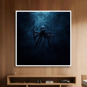 May include: A dark blue artwork featuring a detailed illustration of an octopus. The octopus is centrally positioned, with its tentacles gracefully spread. The background is a gradient of dark blue, creating a sense of depth and mystery. The artwork is framed in white.