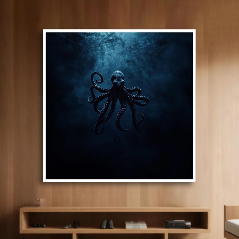 May include: A dark blue artwork featuring a detailed illustration of an octopus. The octopus is centrally positioned, with its tentacles gracefully spread. The background is a gradient of dark blue, creating a sense of depth and mystery. The artwork is framed in white.